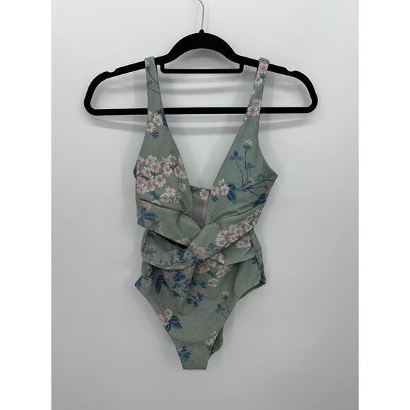 Becca Womens Green Floral Deep V Neck One Piece Bathing Suit Swim Size M Ruched - Picture 1 of 8